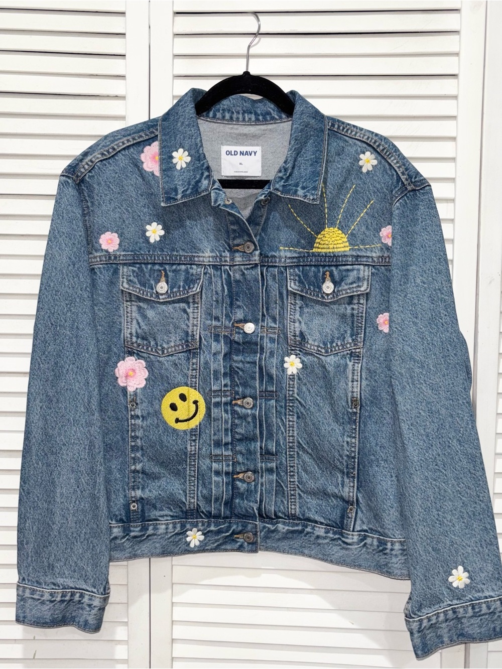 Old Navy Women’s Embroidered Denim Jean Jacket with Floral & Sun Patches